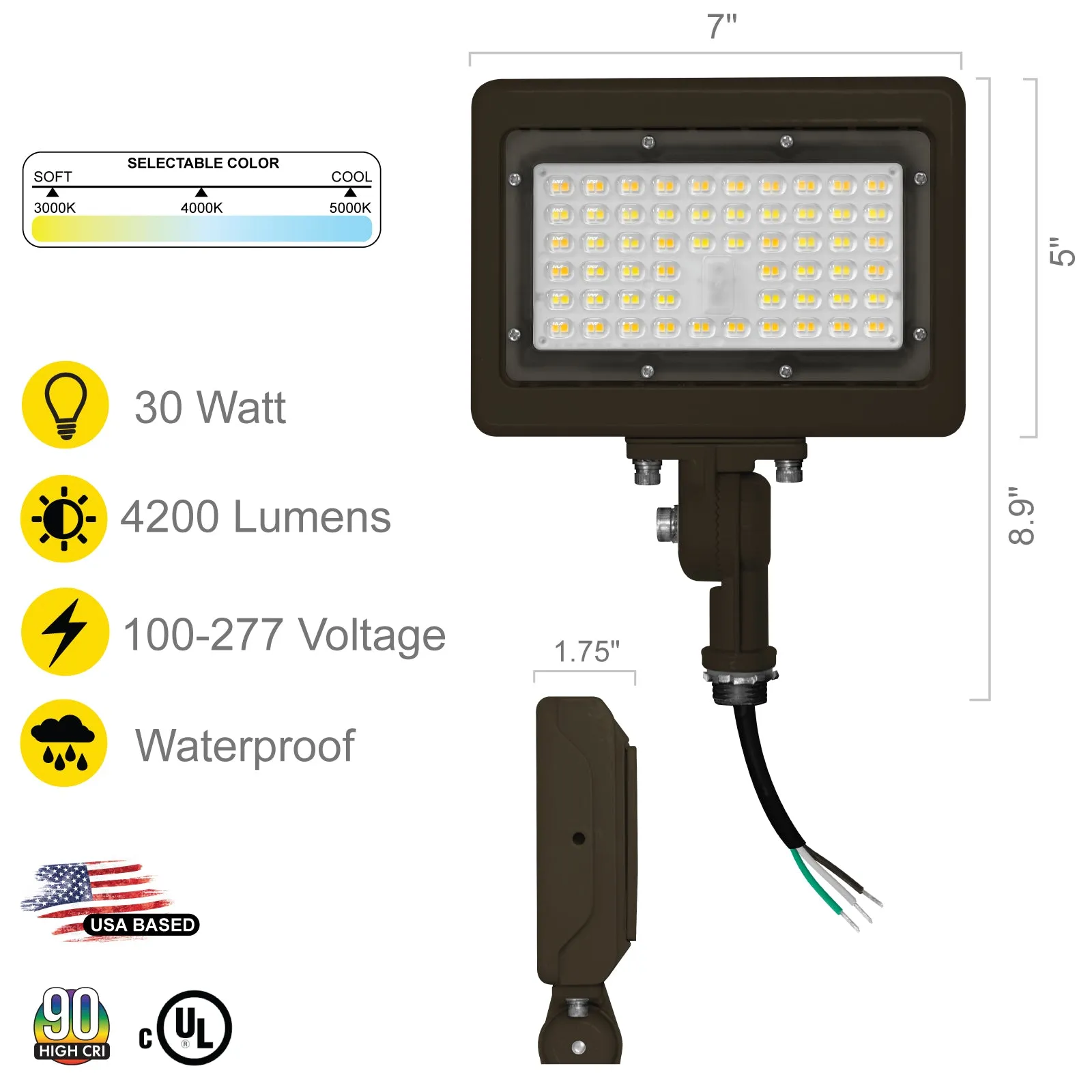 30W Bronze Flood Light LED Outdoor Security Lights - Waterproof - 3CCT 3000K-5000K - 4200LM - Knuckle Mount