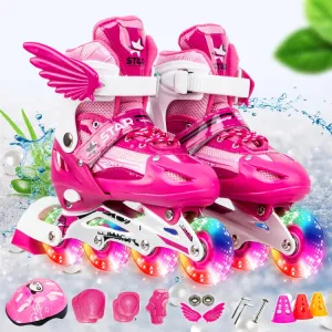 Adjustable Children Full Flash Single Four-wheel Roller Skates Skating Shoes Set, Size : S