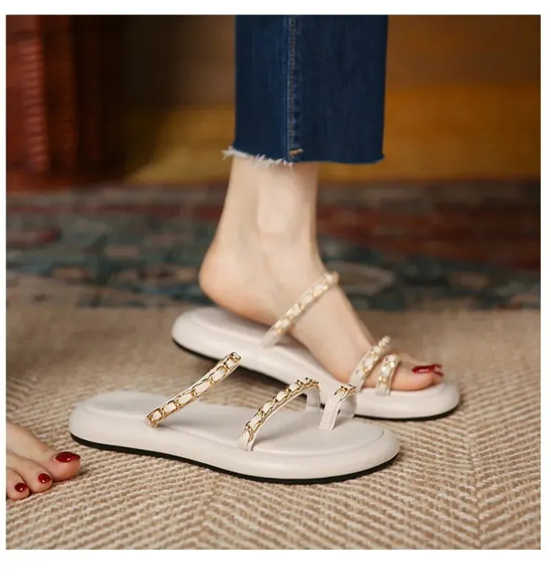 Amozae-2024 Woman Trend New Summer Gold Buckle Women Slipper Fashion Slip on Ladies Flip Flops Flat Heel Outdoor Casual Sandalias