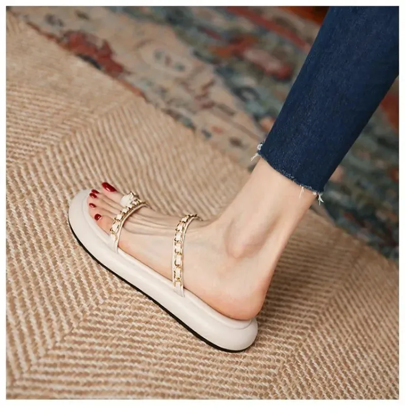 Amozae-2024 Woman Trend New Summer Gold Buckle Women Slipper Fashion Slip on Ladies Flip Flops Flat Heel Outdoor Casual Sandalias