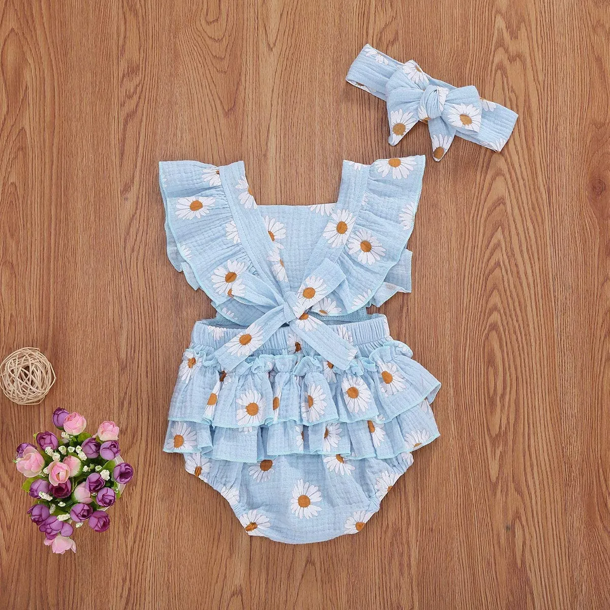 Baby Girls Daisy Playsuits Ruffled Bodysuit Headband Print Fly Sleeve Romper Floral Jumpsuit Infant Summer Clothes