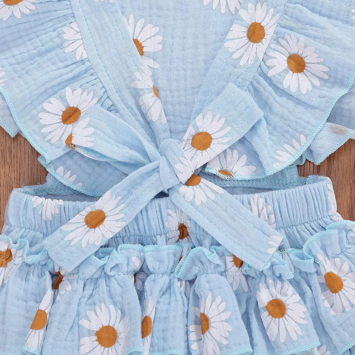 Baby Girls Daisy Playsuits Ruffled Bodysuit Headband Print Fly Sleeve Romper Floral Jumpsuit Infant Summer Clothes