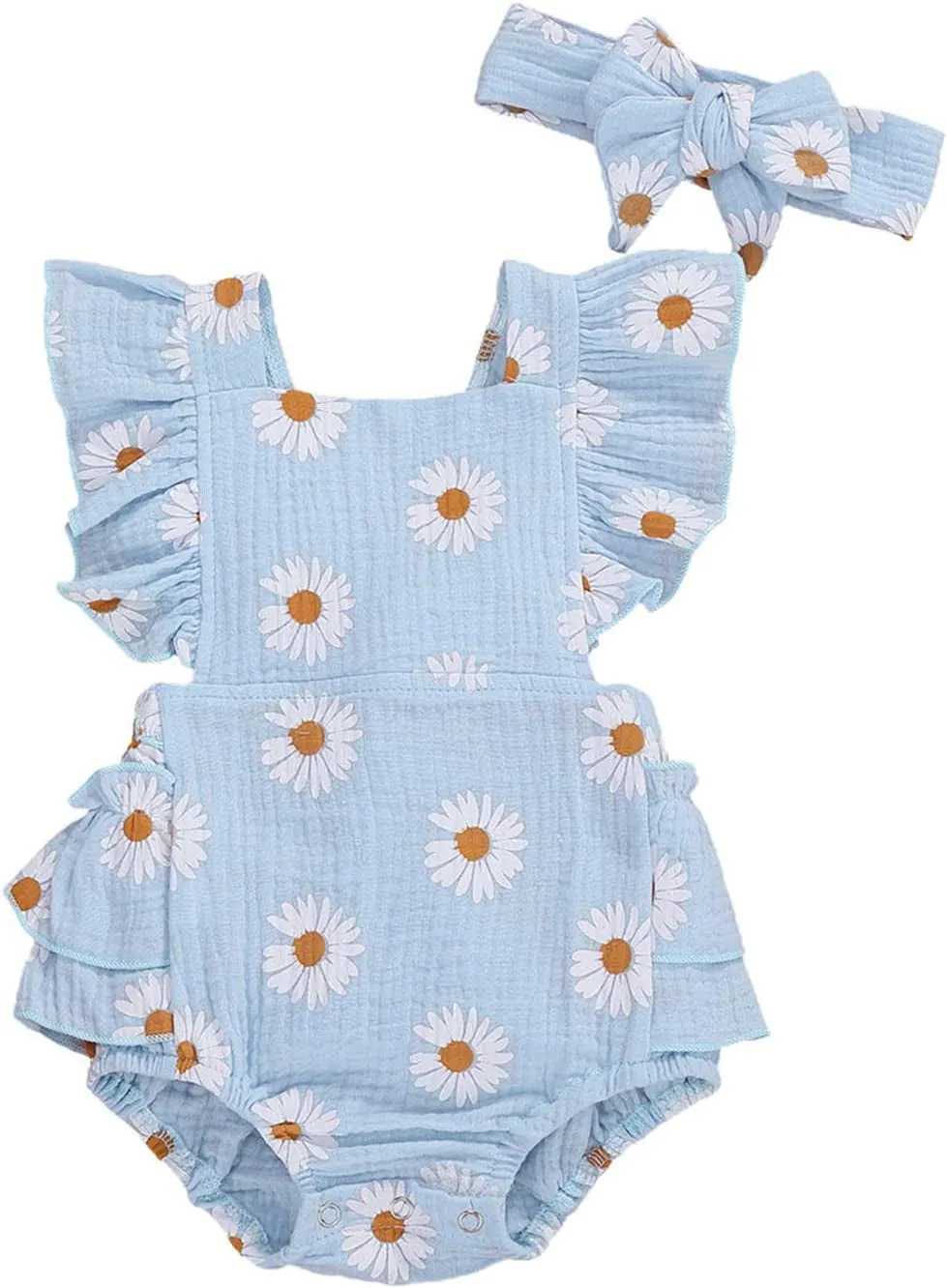 Baby Girls Daisy Playsuits Ruffled Bodysuit Headband Print Fly Sleeve Romper Floral Jumpsuit Infant Summer Clothes