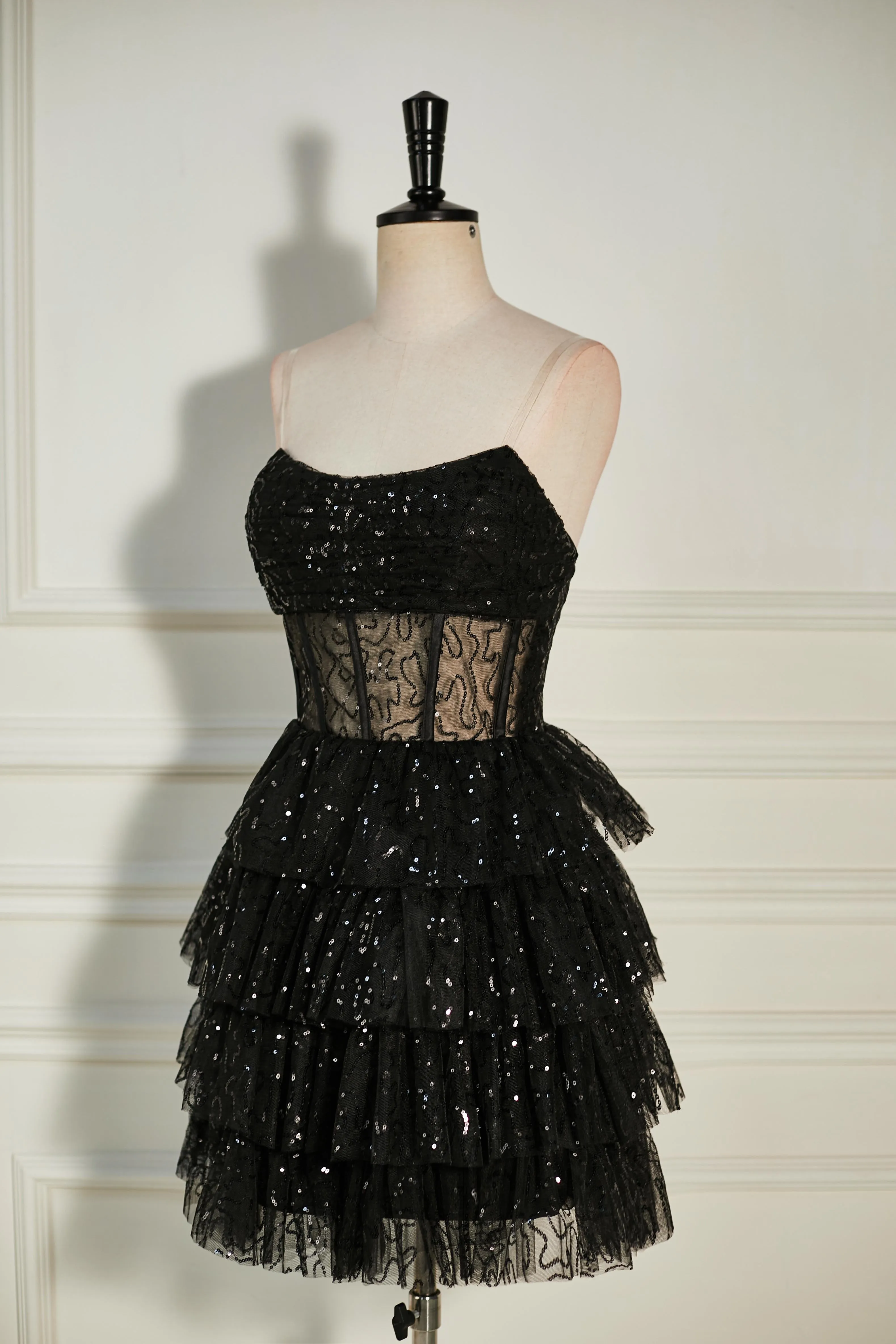 Black Sequined Strapless Multi-Layers Tulle Cocktail Dress