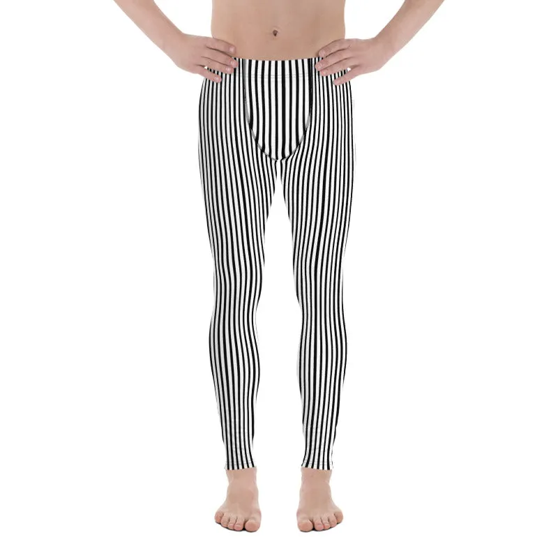 Black Striped Print Designer Meggings, Black and White Vertical Stripes Premium Men's Gym Leggings -Made in USA/EU