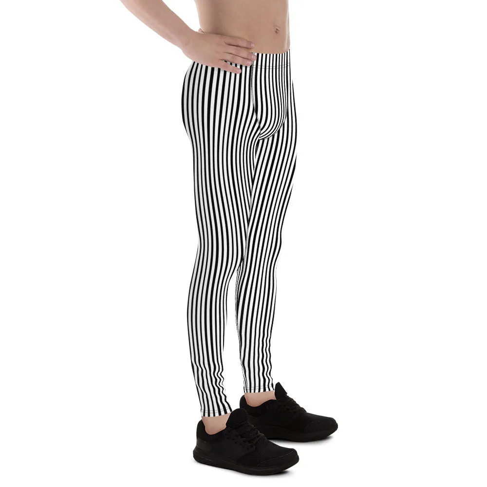 Black Striped Print Designer Meggings, Black and White Vertical Stripes Premium Men's Gym Leggings -Made in USA/EU