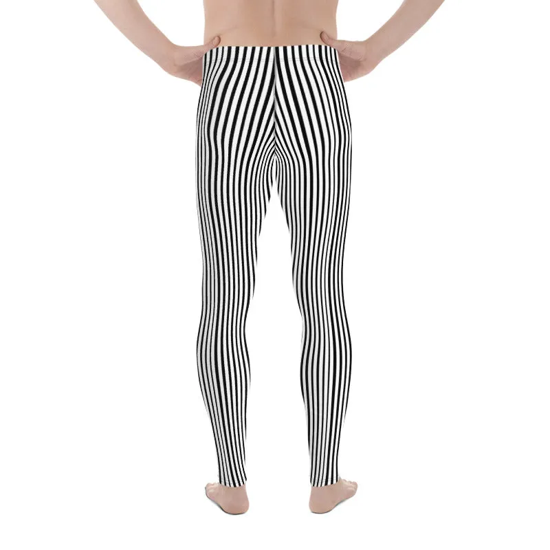 Black Striped Print Designer Meggings, Black and White Vertical Stripes Premium Men's Gym Leggings -Made in USA/EU