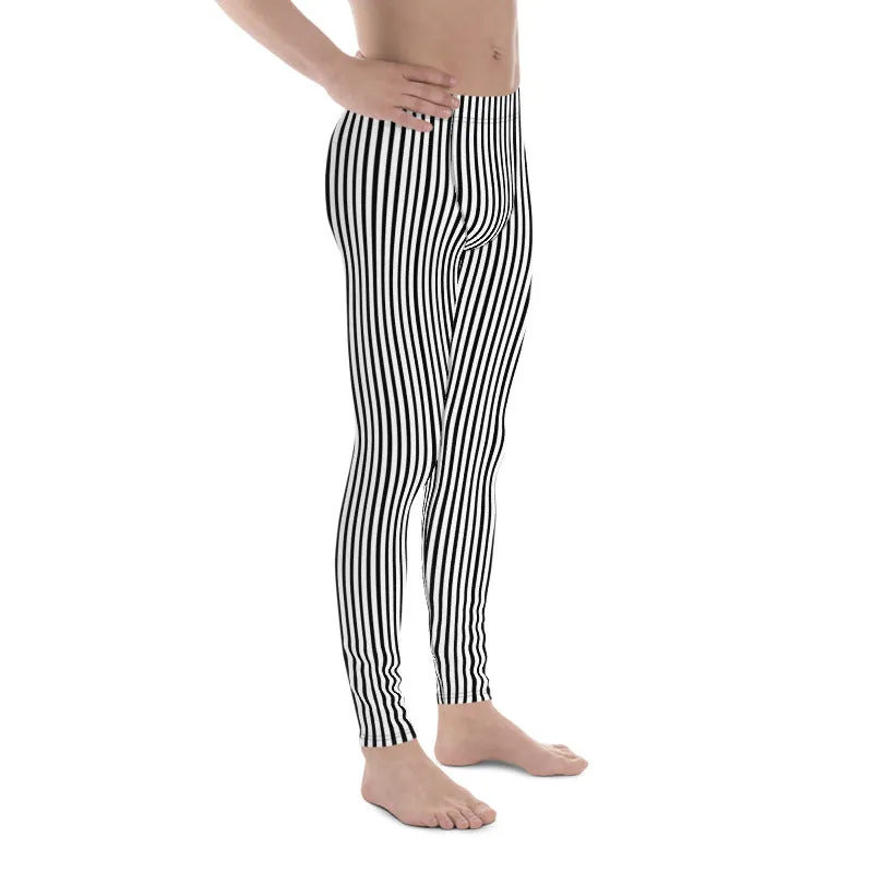 Black Striped Print Designer Meggings, Black and White Vertical Stripes Premium Men's Gym Leggings -Made in USA/EU