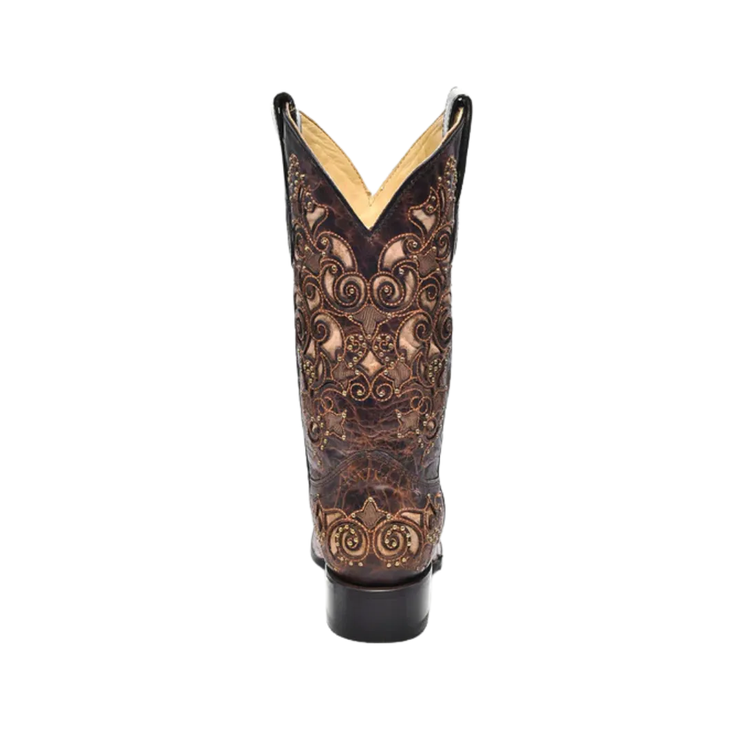 Corral Women's Tan Inlay Embroidery And Studs Square Toe Cowboy Brown Boot