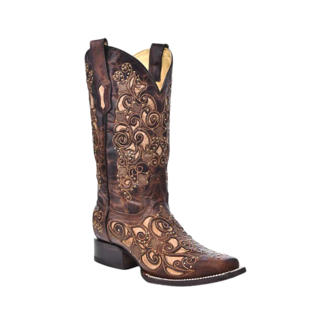 Corral Women's Tan Inlay Embroidery And Studs Square Toe Cowboy Brown Boot