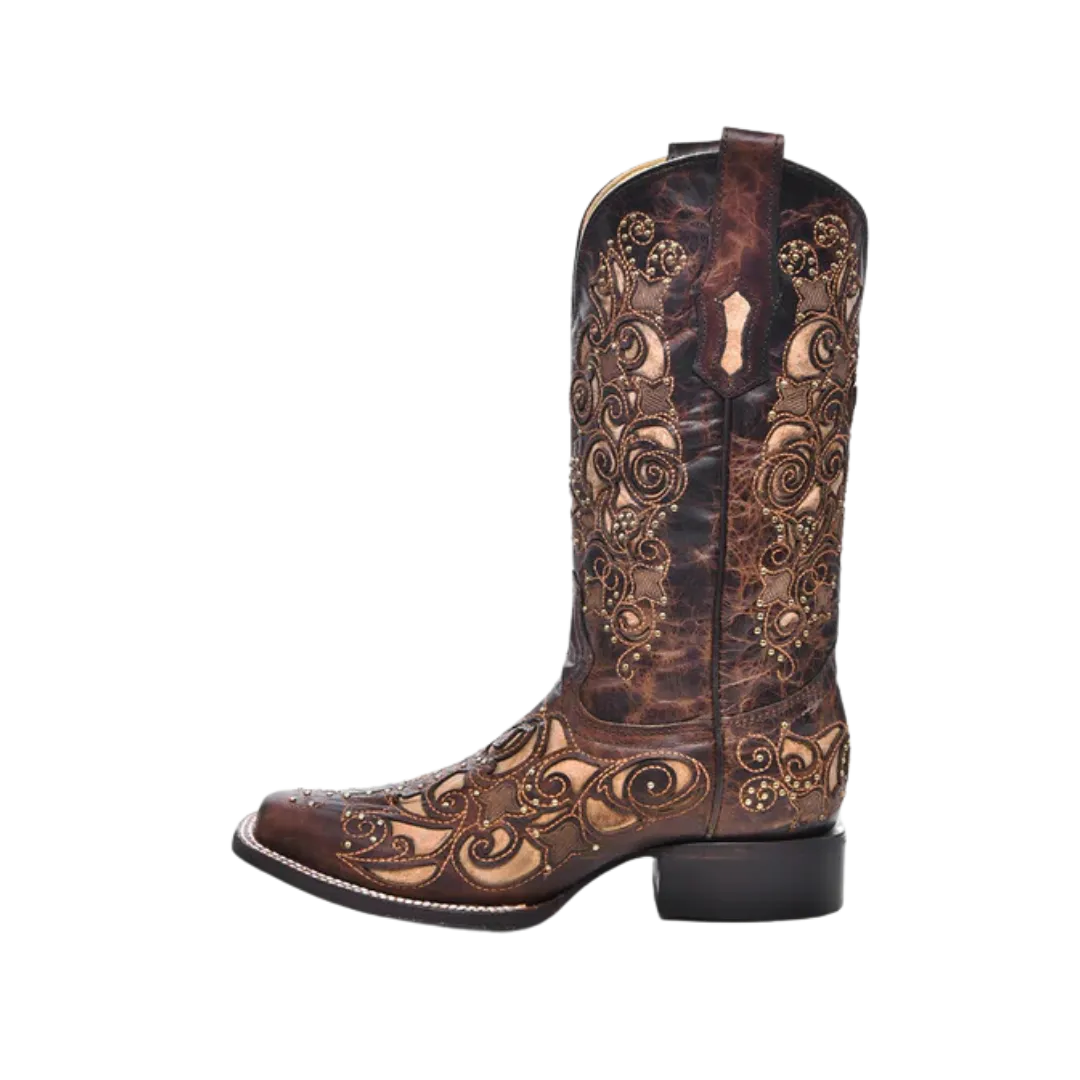 Corral Women's Tan Inlay Embroidery And Studs Square Toe Cowboy Brown Boot