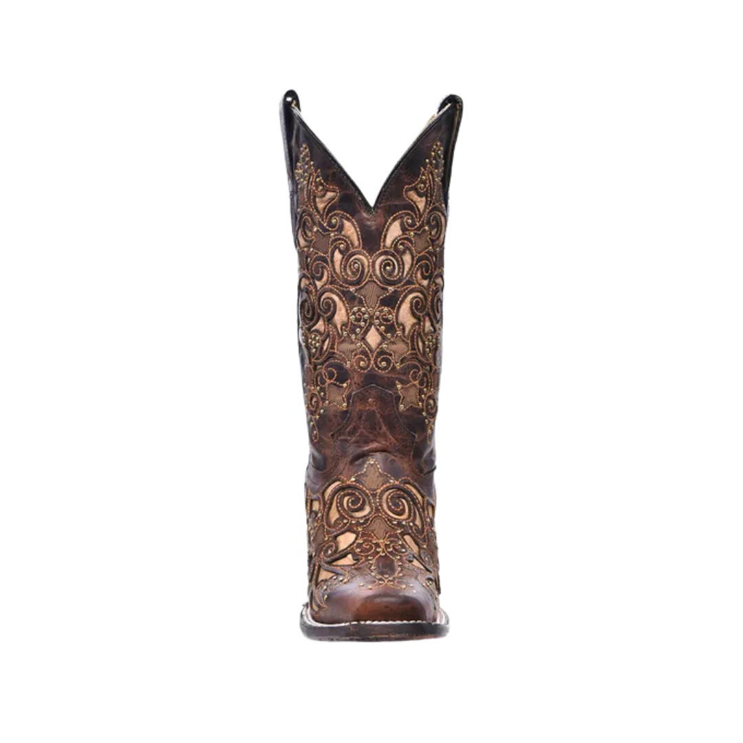 Corral Women's Tan Inlay Embroidery And Studs Square Toe Cowboy Brown Boot