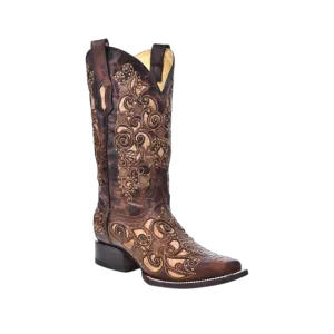 Corral Women's Tan Inlay Embroidery And Studs Square Toe Cowboy Brown Boot