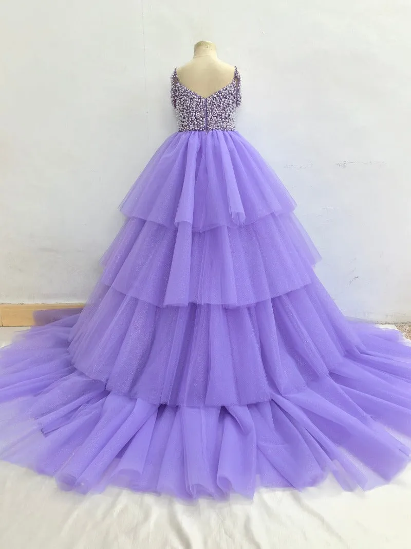 Custom Made Little Gril Pearls Lilac Hi-low Pageant Dress