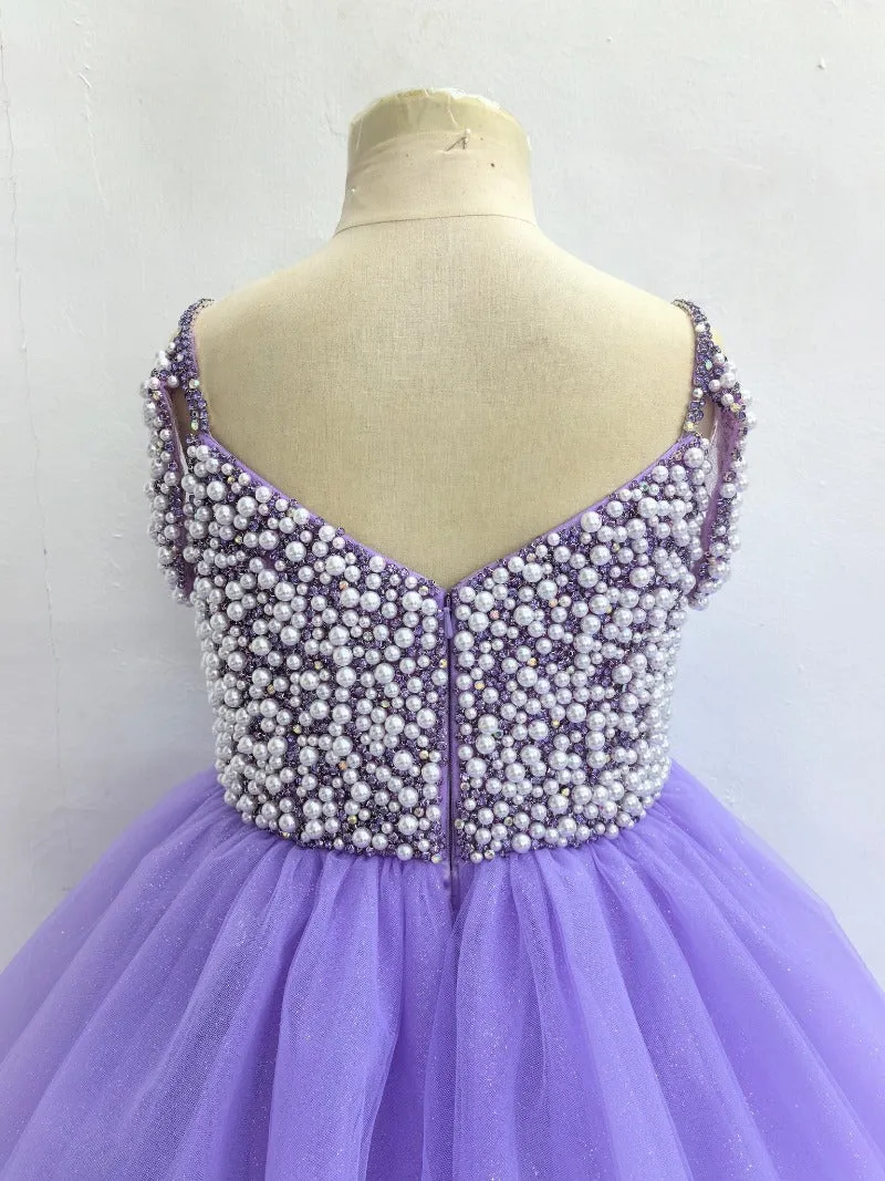 Custom Made Little Gril Pearls Lilac Hi-low Pageant Dress