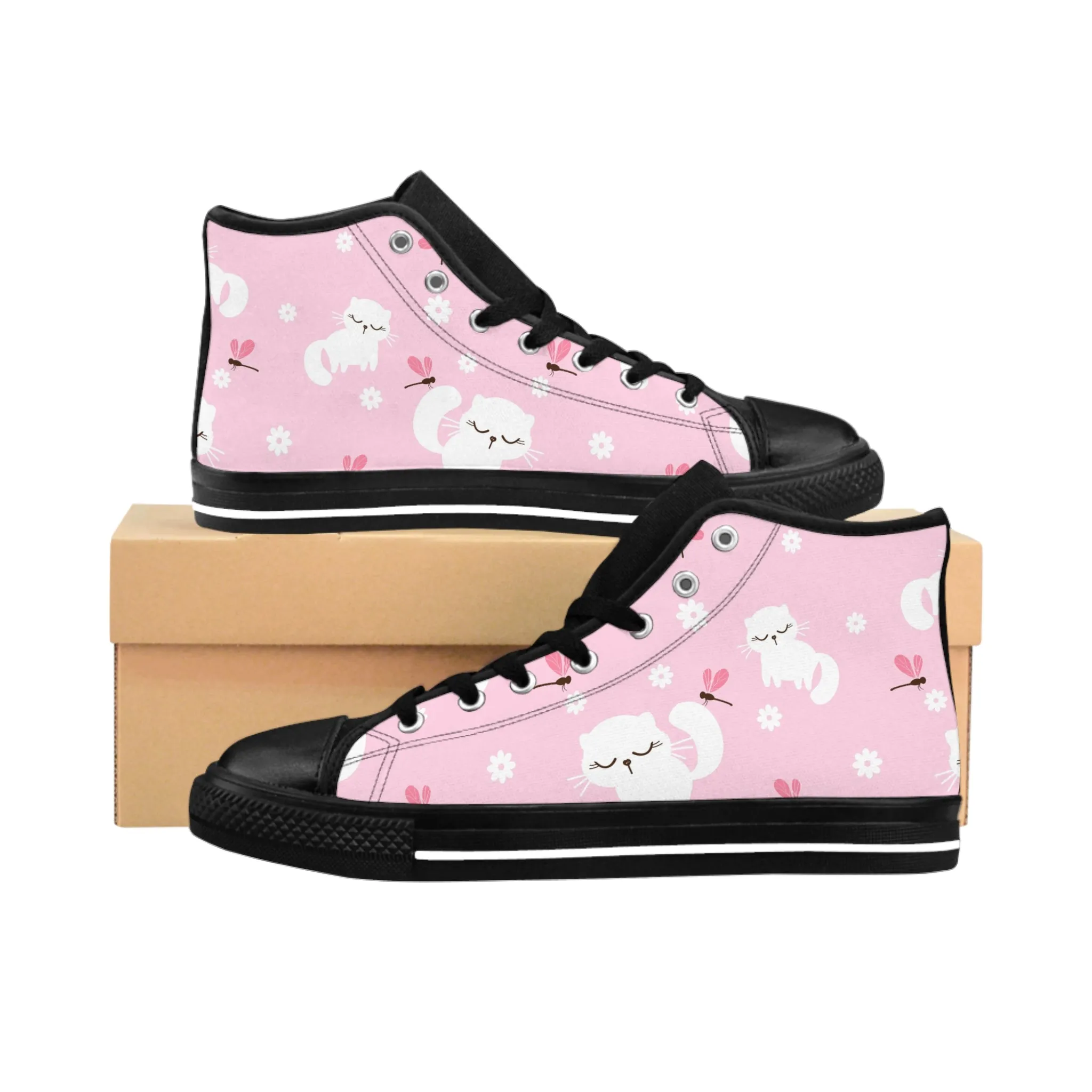 Cute White Kitty Pink Backgrounds Women's Classic Sneakers