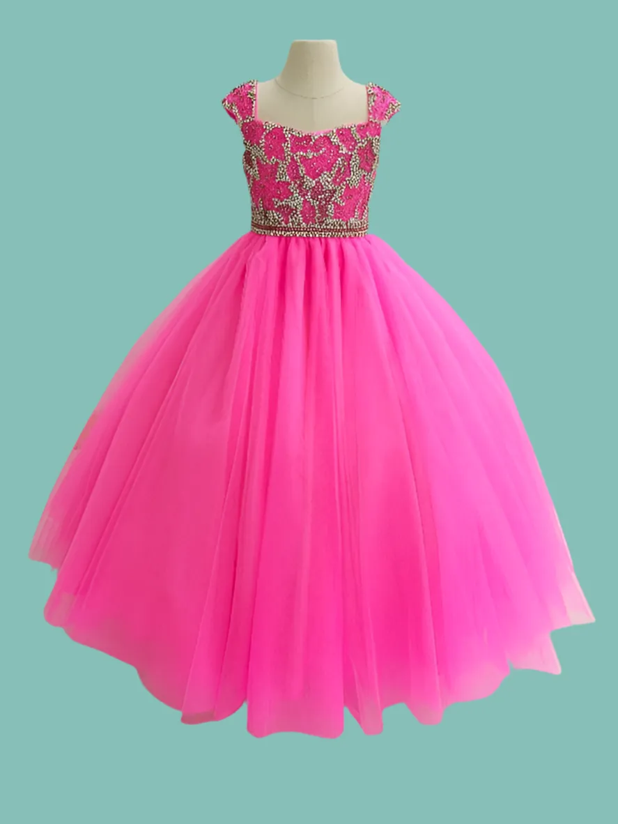 Dazzling Sparkling Beaded Open Back Fuchsia Ball Gown