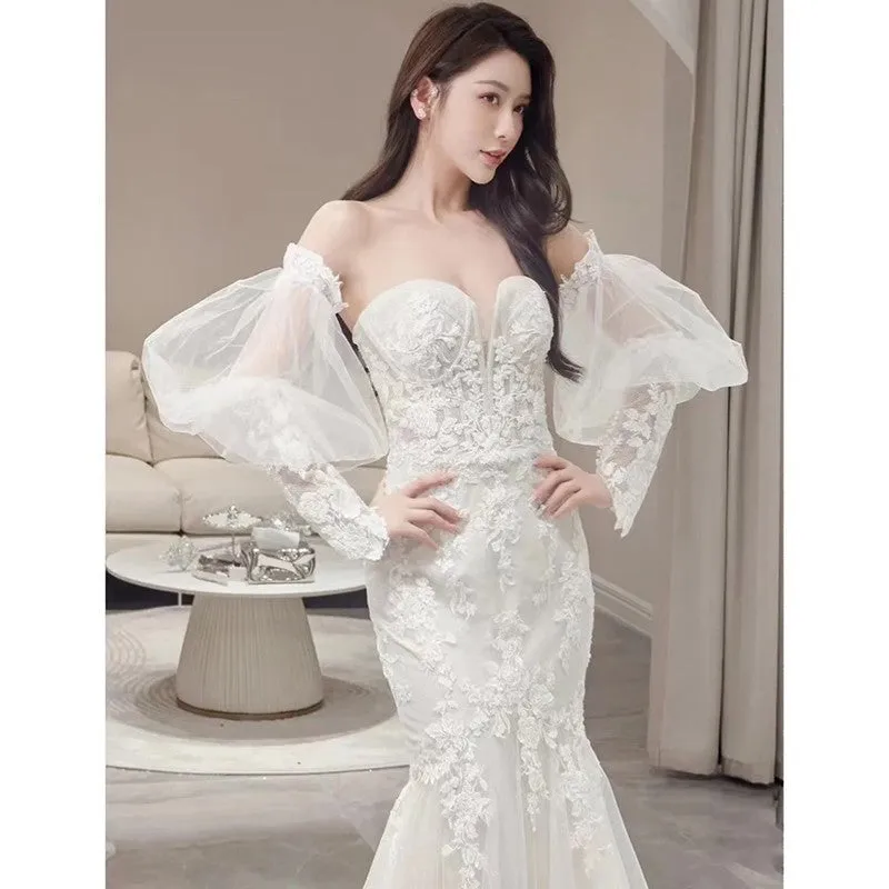 dunnmall Lace Fishtail Wedding Dress  New Tube Top Outdoor Light Yarn Temperament Trip Shoot Outdoor Lawn Wedding Trailing Dress