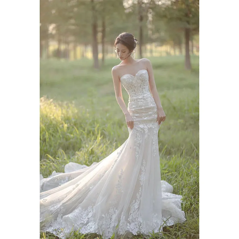 dunnmall Lace Fishtail Wedding Dress  New Tube Top Outdoor Light Yarn Temperament Trip Shoot Outdoor Lawn Wedding Trailing Dress