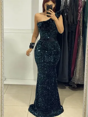 Elegant Glitter Green Sequins Mermaid Evening Dresses,One Shoulder Sparkly Prom Dress