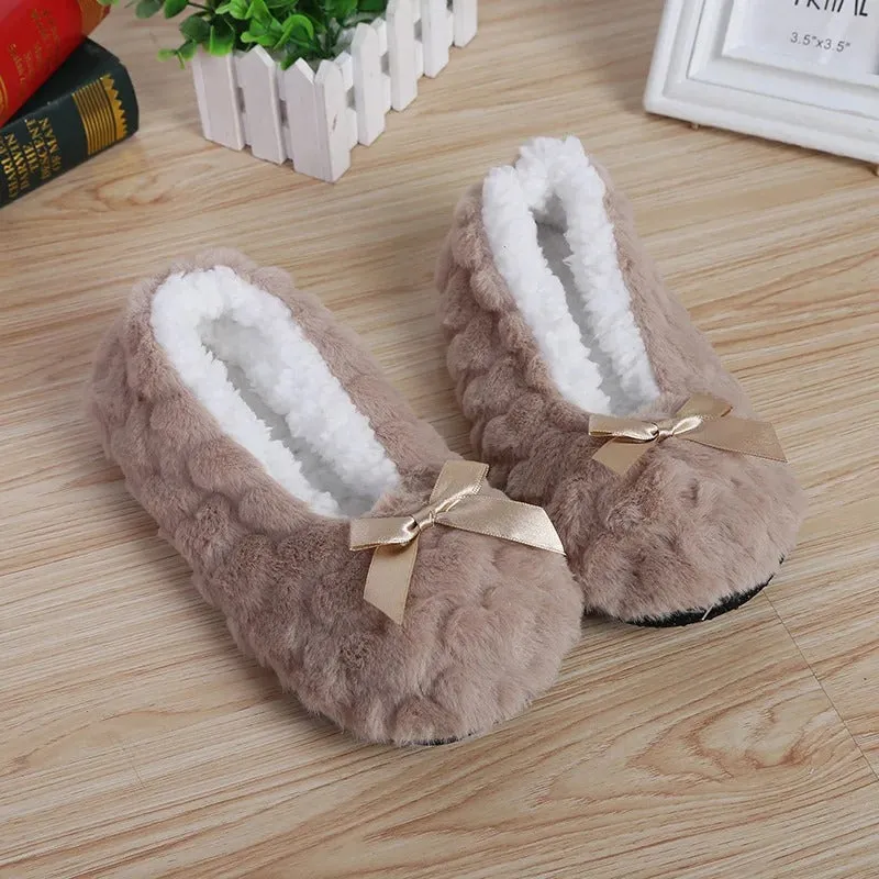 Fluffy Non-slip Winter Indoor Shoes with Chic Bow Accent