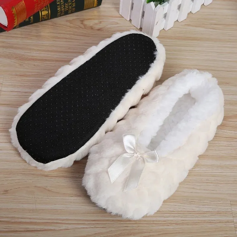 Fluffy Non-slip Winter Indoor Shoes with Chic Bow Accent