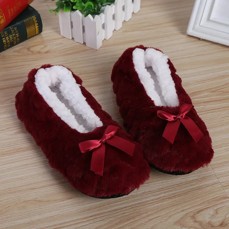 Fluffy Non-slip Winter Indoor Shoes with Chic Bow Accent