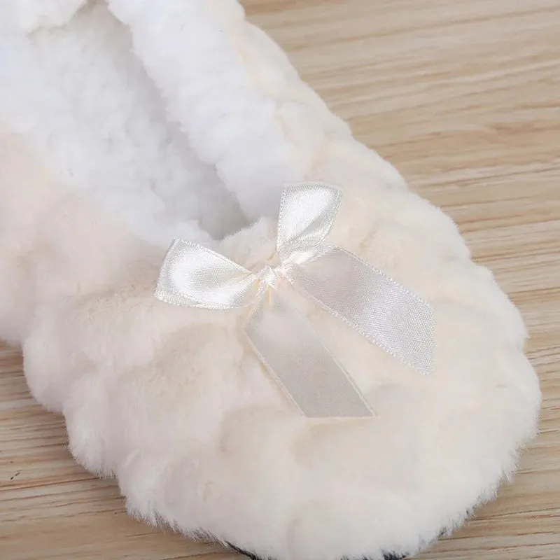 Fluffy Non-slip Winter Indoor Shoes with Chic Bow Accent