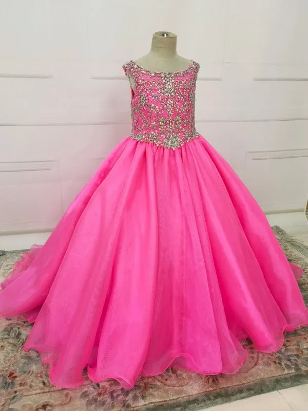 Fuchsia A Line Beaded Bodice Full-long Little Girl Pageant Gown