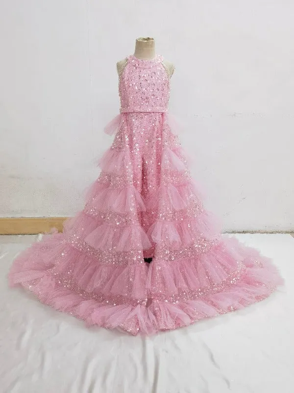 Fun Fashion Little Girl Long Pink Sequin Formal Dress Pageant