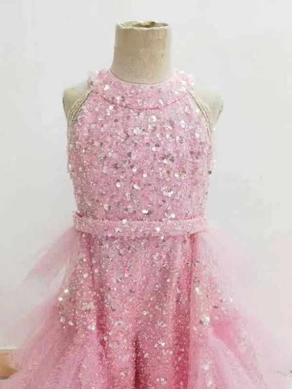 Fun Fashion Little Girl Long Pink Sequin Formal Dress Pageant