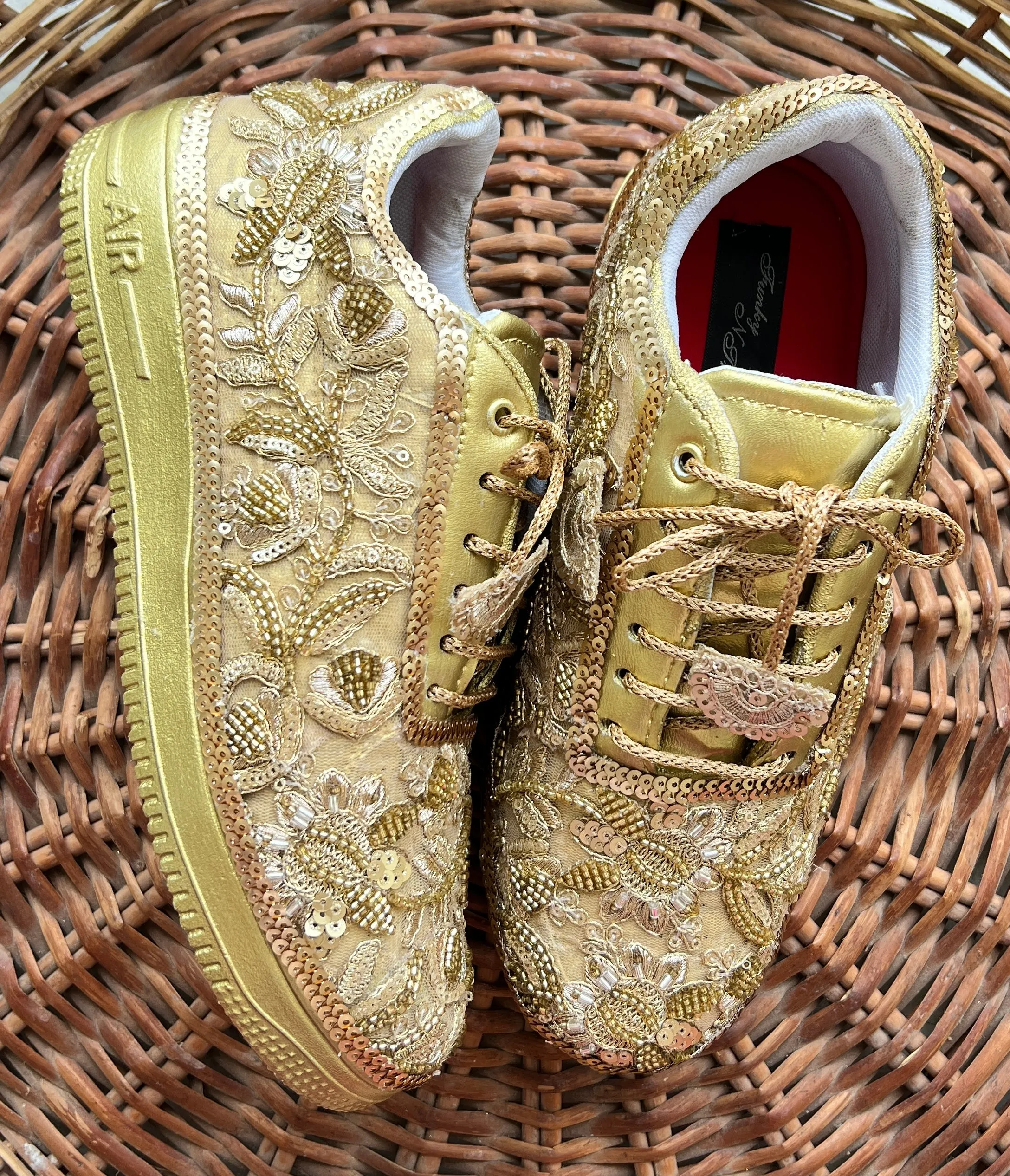 Funky N Trendy hand crafted golden bridal sneakers bridesmaid sneakers/ gold sneakers / golden sneakers / mirror sneakers/hand embroidered sneakers/ bride shoes / bridal sneakers /bridal shoes