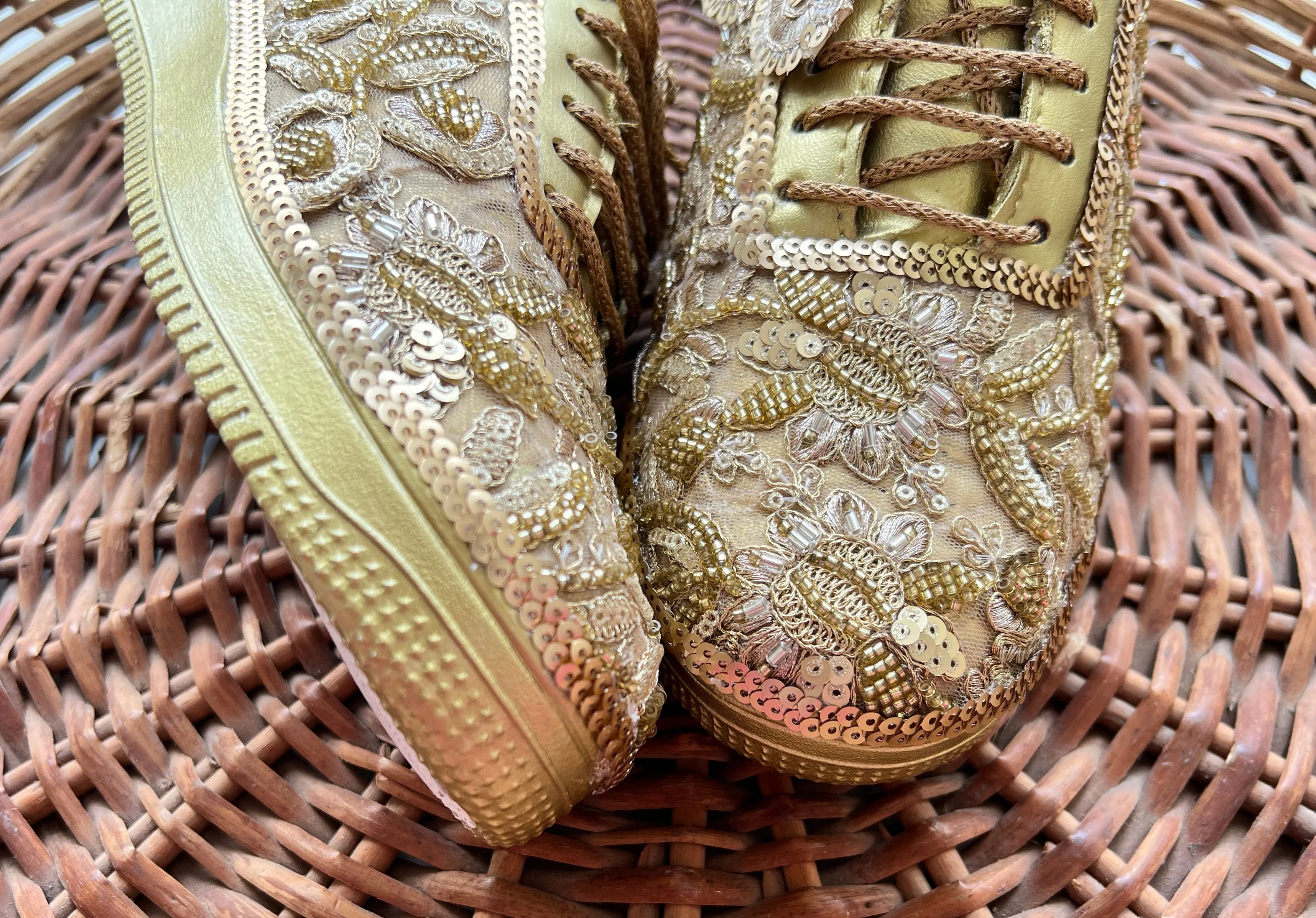 Funky N Trendy hand crafted golden bridal sneakers bridesmaid sneakers/ gold sneakers / golden sneakers / mirror sneakers/hand embroidered sneakers/ bride shoes / bridal sneakers /bridal shoes