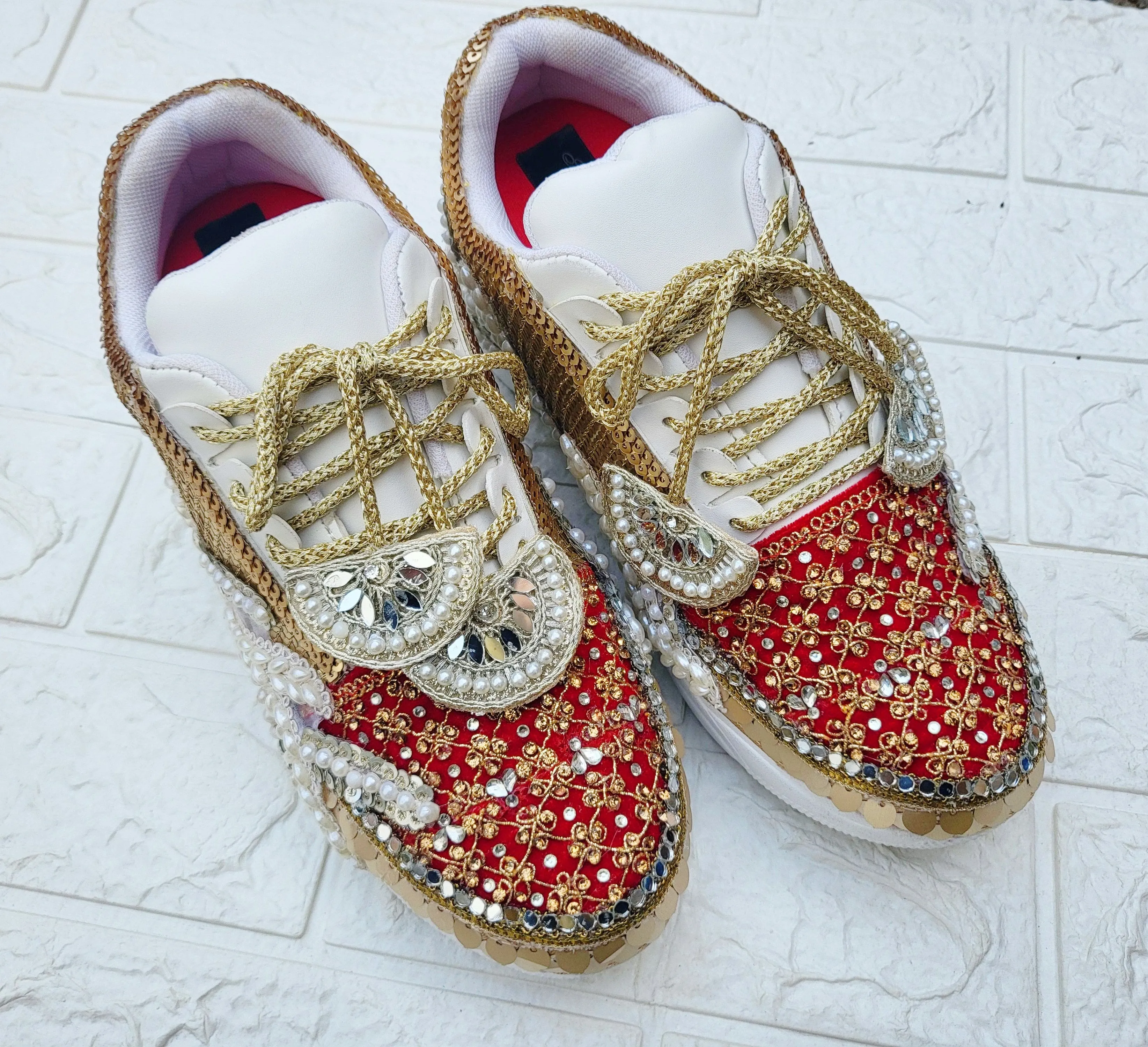 FUNKY N TRENDY red sneakers for brides /bridesmaids / sneakers for bridesmaids/ handcrafted sneakers/ mirror sneakers / bridal sneakers / bridesmaid sneakers/ gold sneakers / red sneakers/  sneakers/red shoes