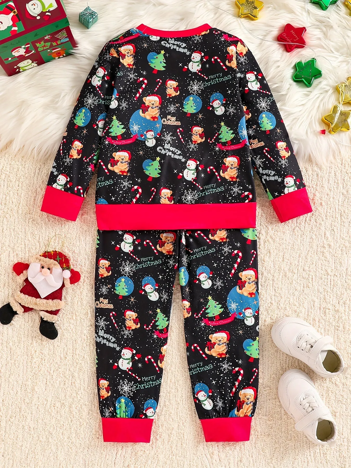 Girls' Fun Santa Claus Digital Print Long Sleeve And Pants Set, For Outdoor