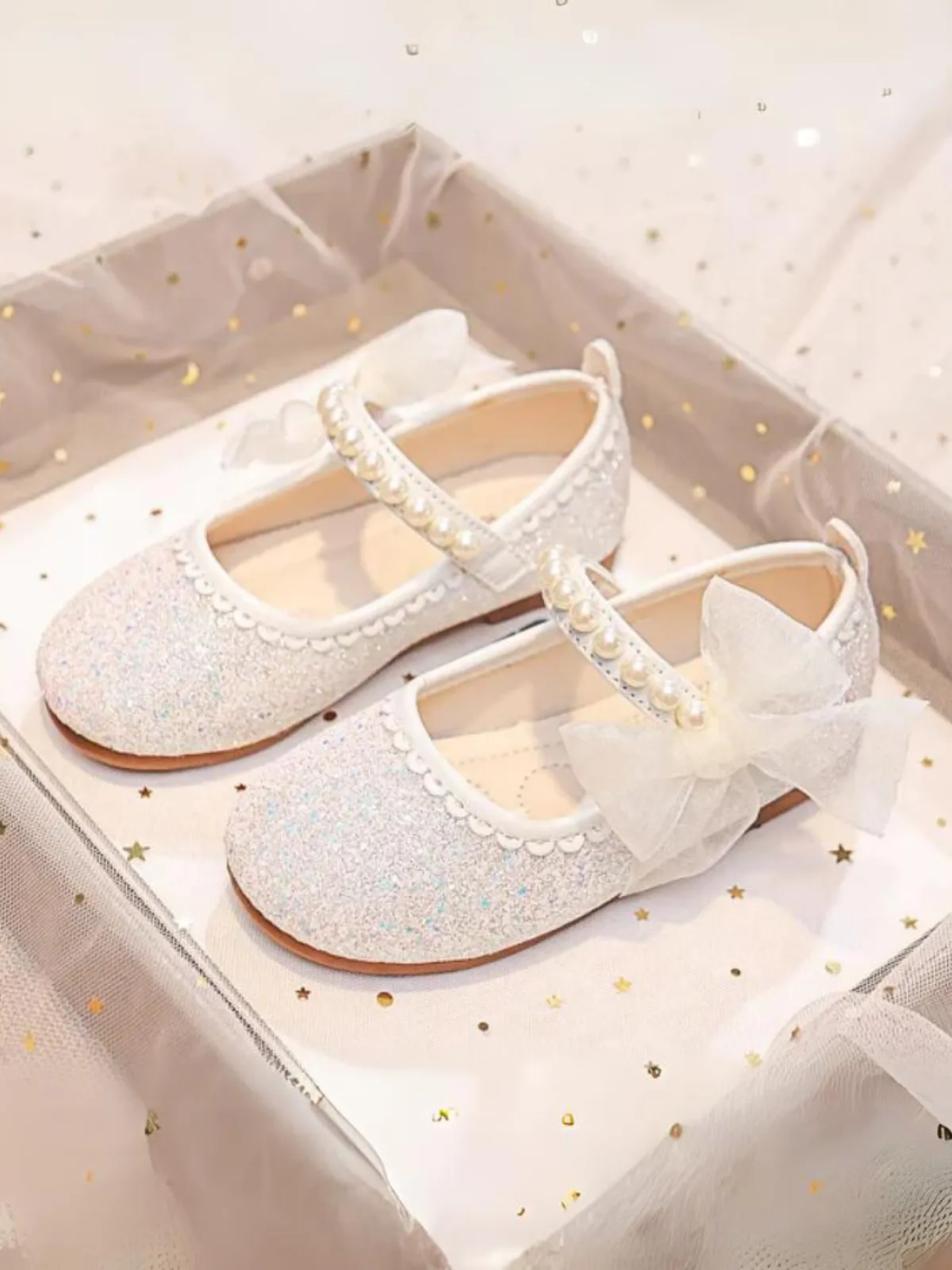 Girls Glitter Pearl Bow Shoes by Liv and Mia