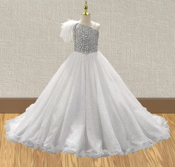 Glitz Beaded Bodice Flower Girl White Evening Gown