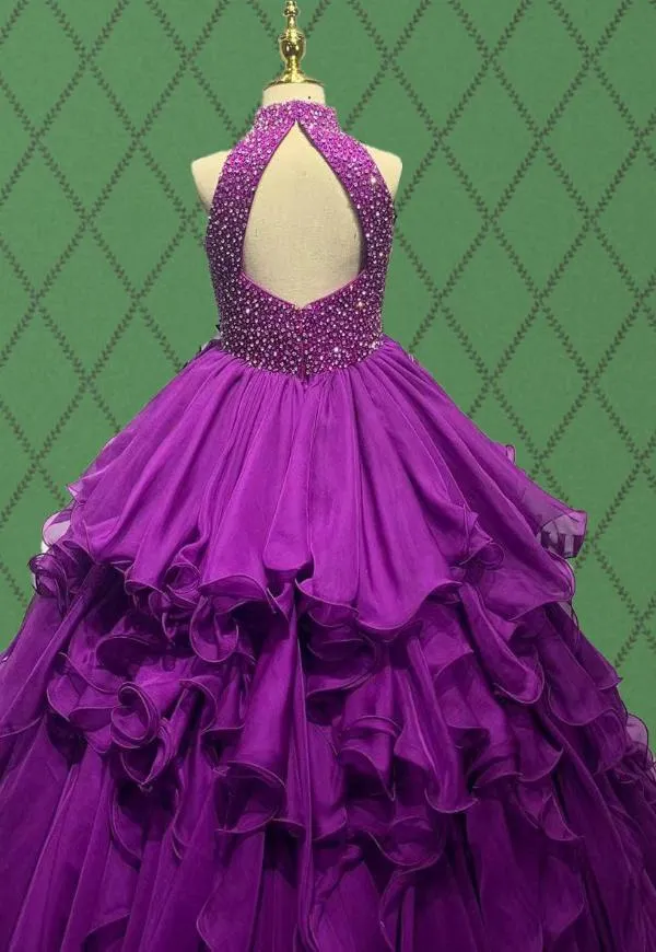 Halter Beaded Bodice Little Princess Purple Prom Gown