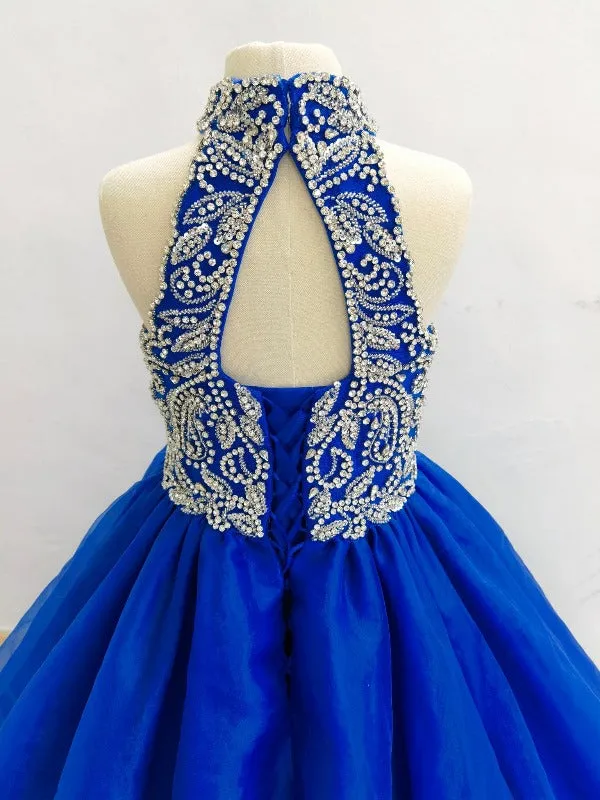 Halter Beaded Bodice Teen Floor Royal Blue Long Pageant Dress