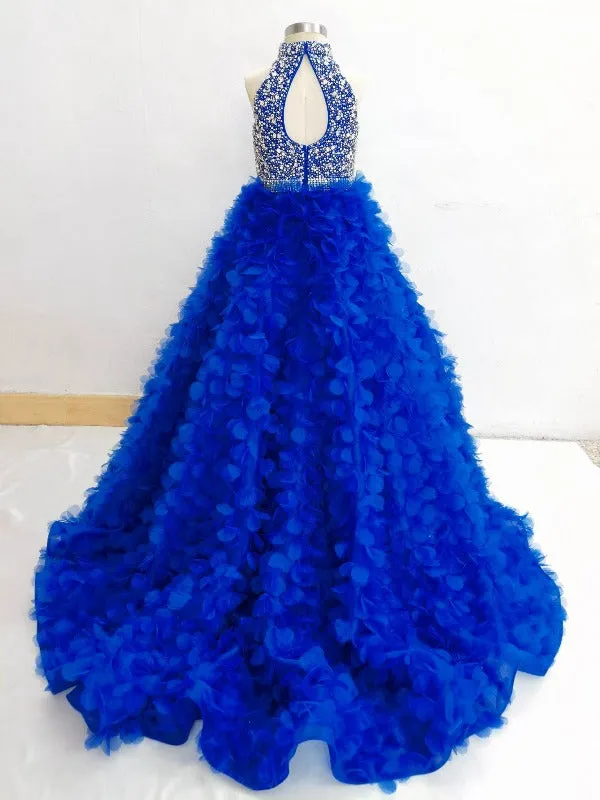 Halter Royal  Little Girl‘s Open Back sparkling jewels Elegant Pageant Gown