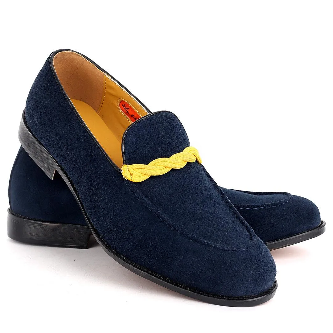 John Foster Classy Navy-Blue Suede Shoe With Yellow Twisted Rope Design