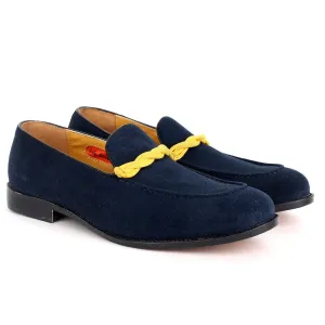 John Foster Classy Navy-Blue Suede Shoe With Yellow Twisted Rope Design