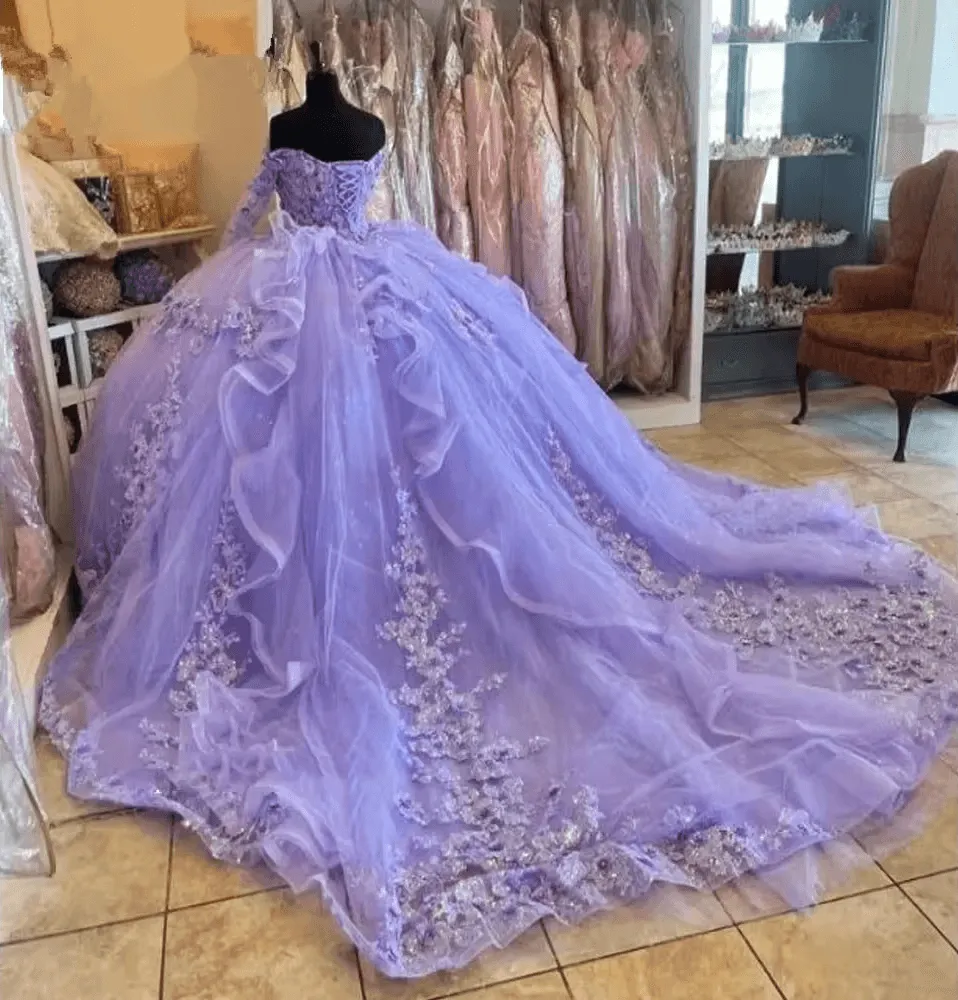 Lavender Quinceanera Dresses Long Sleeve Birthday Prom Princess Ball Gown