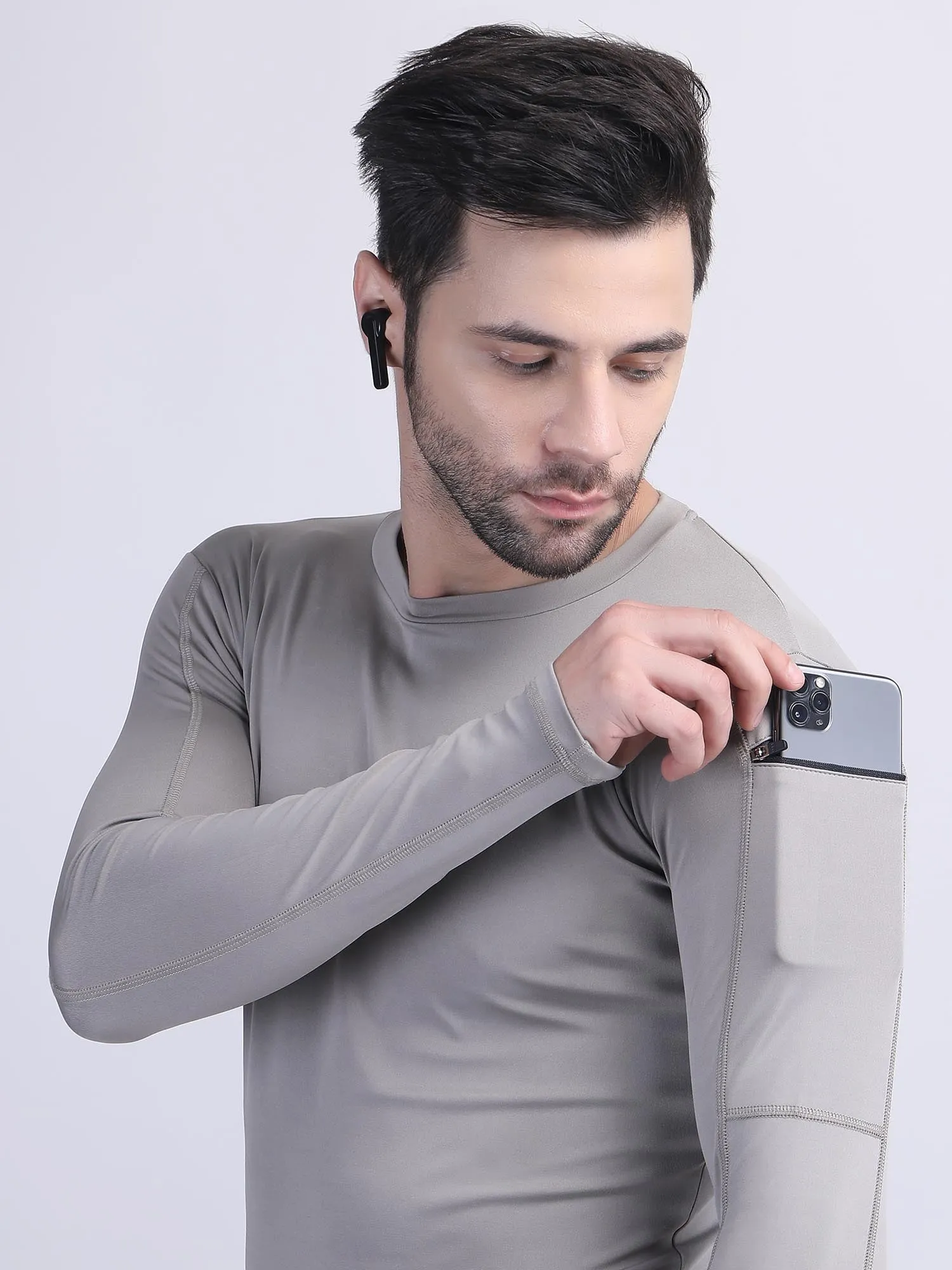 Long sleeve compression t shirt mens with phone holder