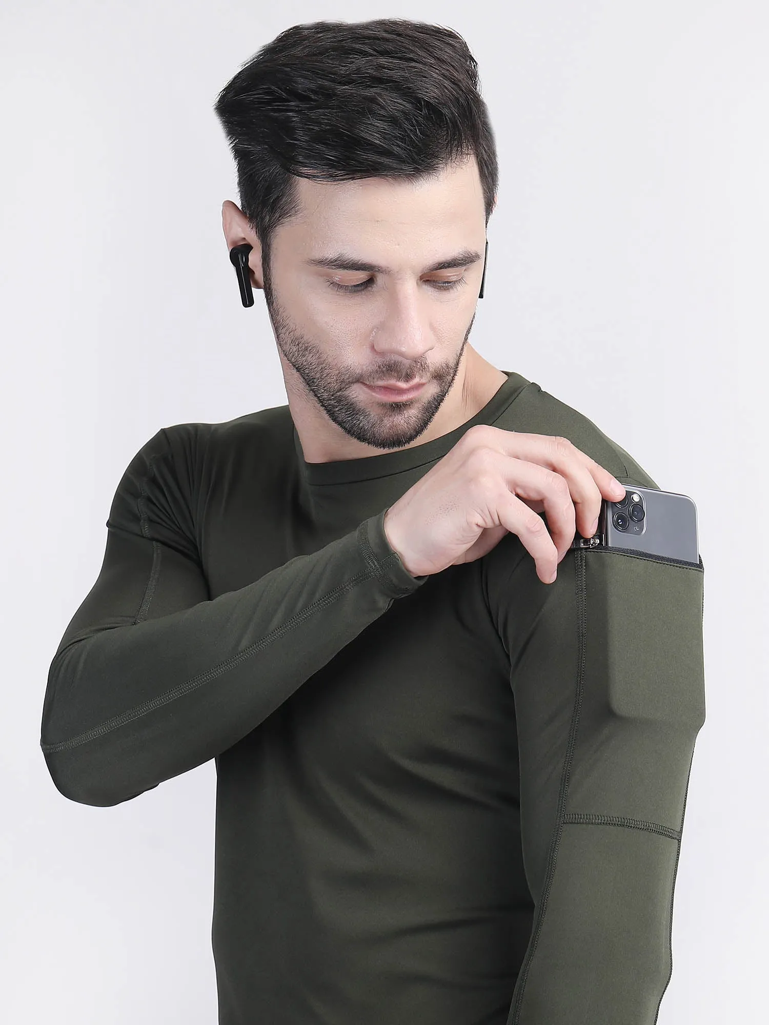 Long sleeve compression t shirt mens with phone holder