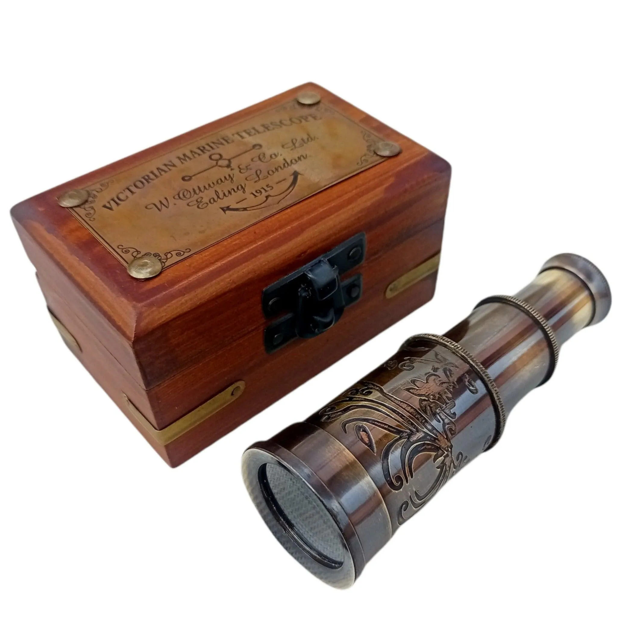 Marine Telescope Nautical Antique Solid Brass Pirate Spyglass 4" Wooden Box Gift