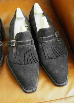 Men's Gray Fringe Monk Straps Suede Loafers Formal Shoe