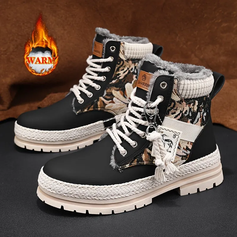 Men's Trendy High Top Snow Boots With Warm Plush Lining, Comfy Non Slip Lace Up Casual Shoes For Men's Outdoor Activities