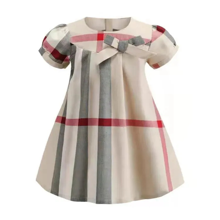 New Baby Girls Dress Spring Autumn Kids Long Sleeve Plaid Dress Cotton Children Bow Skirts Clothes