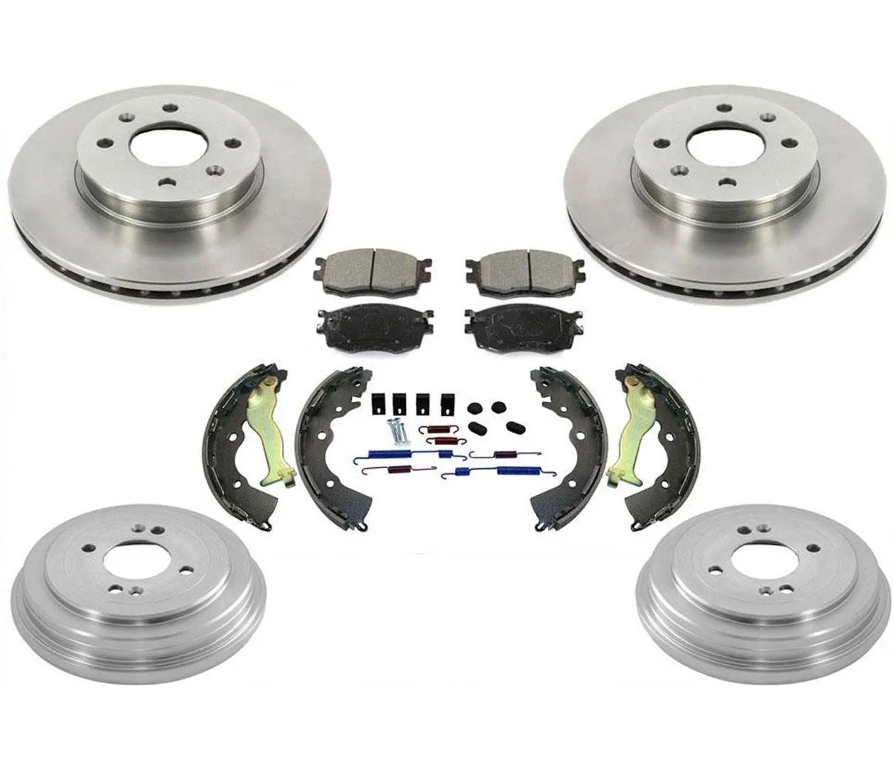 New Rotors Brake Pads Rear Drums Brake Shoes Spring Kit for KIA Rio Rio5 06-11